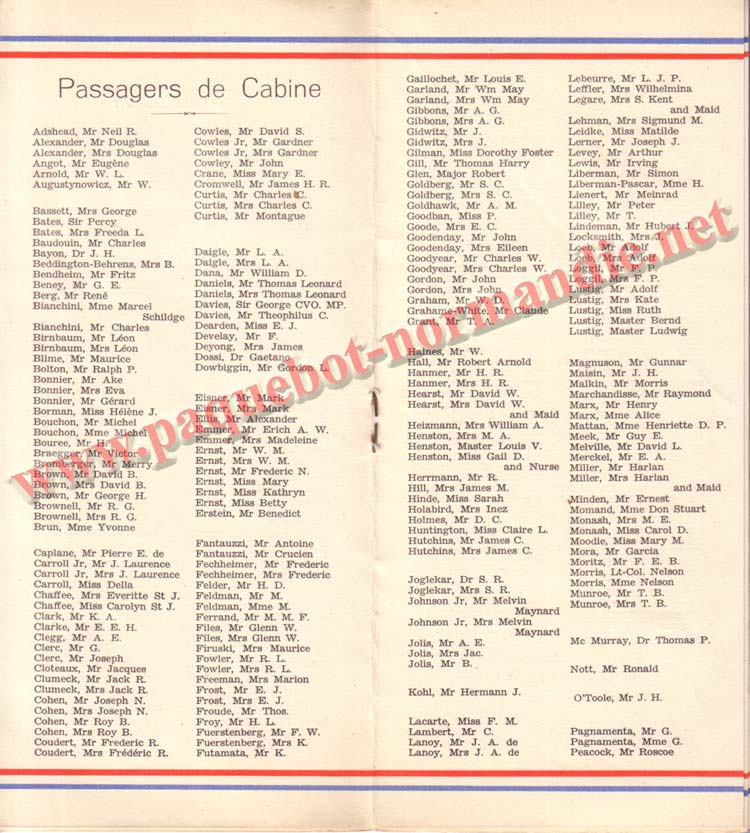 PAQUEBOT NORMANDIE - LISTE DES PASSAGERS DU 27 AVRIL 1938 - 1ère CLASSE / 1-6