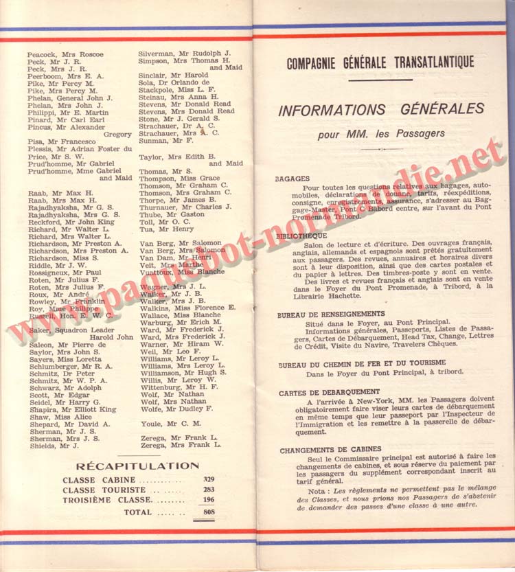 PAQUEBOT NORMANDIE - LISTE DES PASSAGERS DU 27 AVRIL 1938 - 1ère CLASSE / 1-7