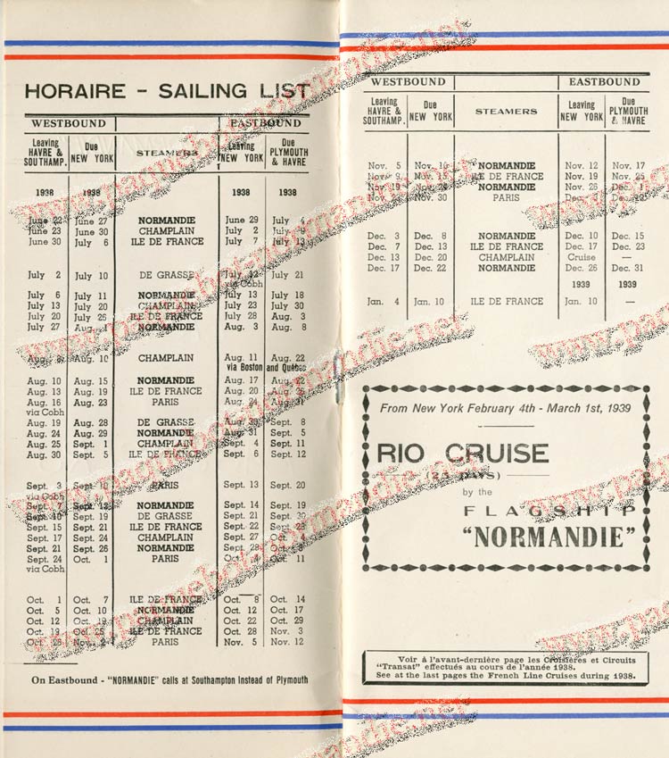 S.S NORMANDIE - LISTE PASSAGERS DU 27 JUILLET 1938 - 1ère CLASSE / 1-2