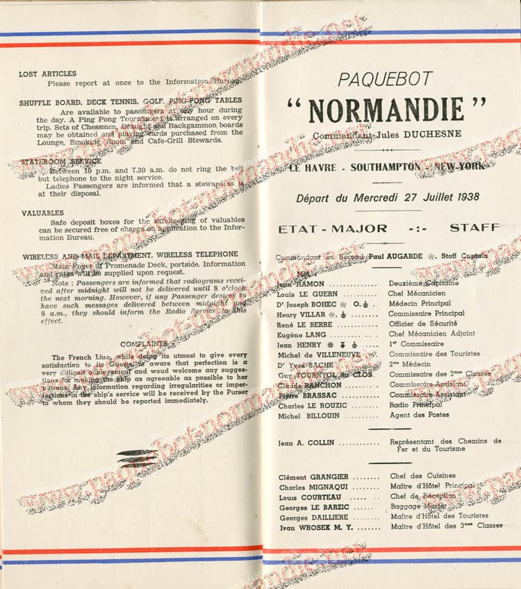 S.S NORMANDIE - LISTE PASSAGERS DU 27 JUILLET 1938 - 1ère CLASSE / 1-5