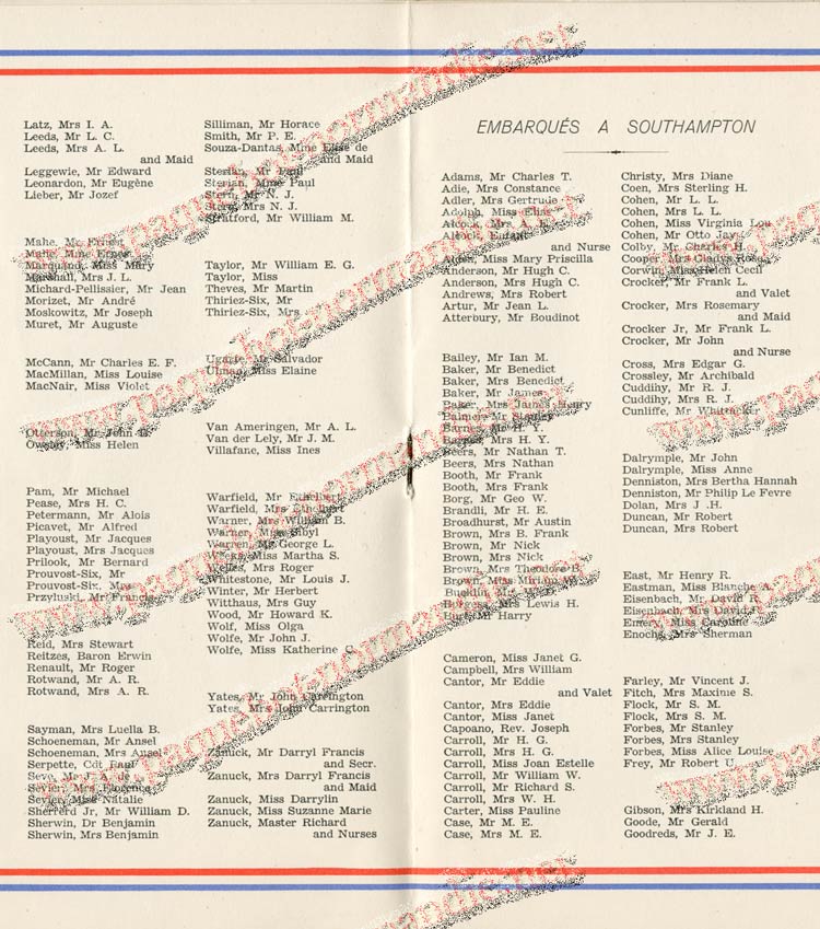 S.S NORMANDIE - LISTE PASSAGERS DU 27 JUILLET 1938 - 1ère CLASSE / 1-7