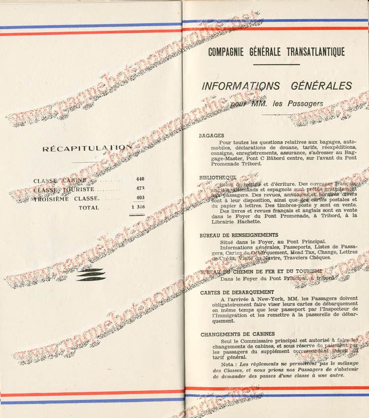 S.S NORMANDIE - LISTE PASSAGERS DU 27 JUILLET 1938 - 1ère CLASSE / 1-9