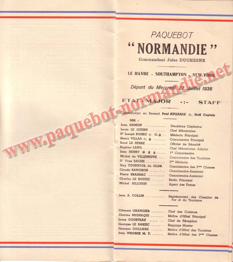 PAQUEBOT NORMANDIE - LISTE DES PASSAGERS DU 27 JUILLET 1938 - 2ème CLASSE / 2-3