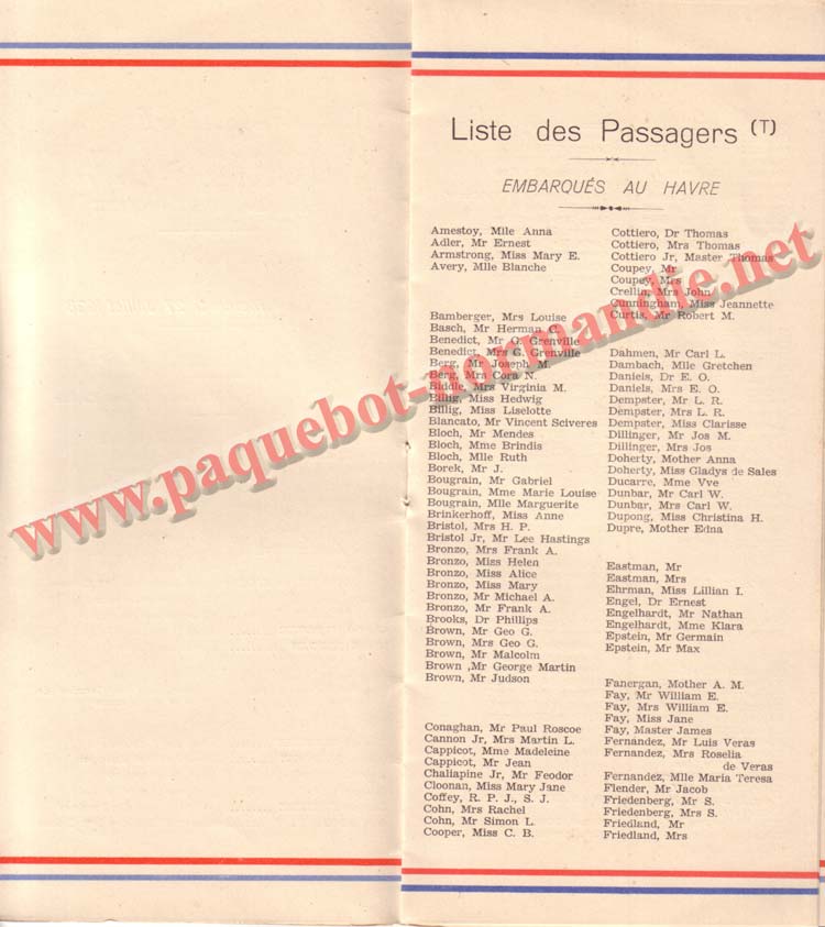 PAQUEBOT NORMANDIE - LISTE DES PASSAGERS DU 27 JUILLET 1938 - 2ème CLASSE / 2-4
