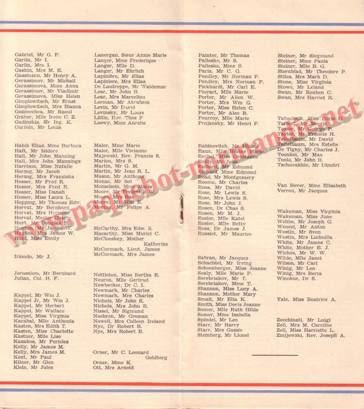 PAQUEBOT NORMANDIE - LISTE DES PASSAGERS DU 27 JUILLET 1938 - 2ème CLASSE / 2-5