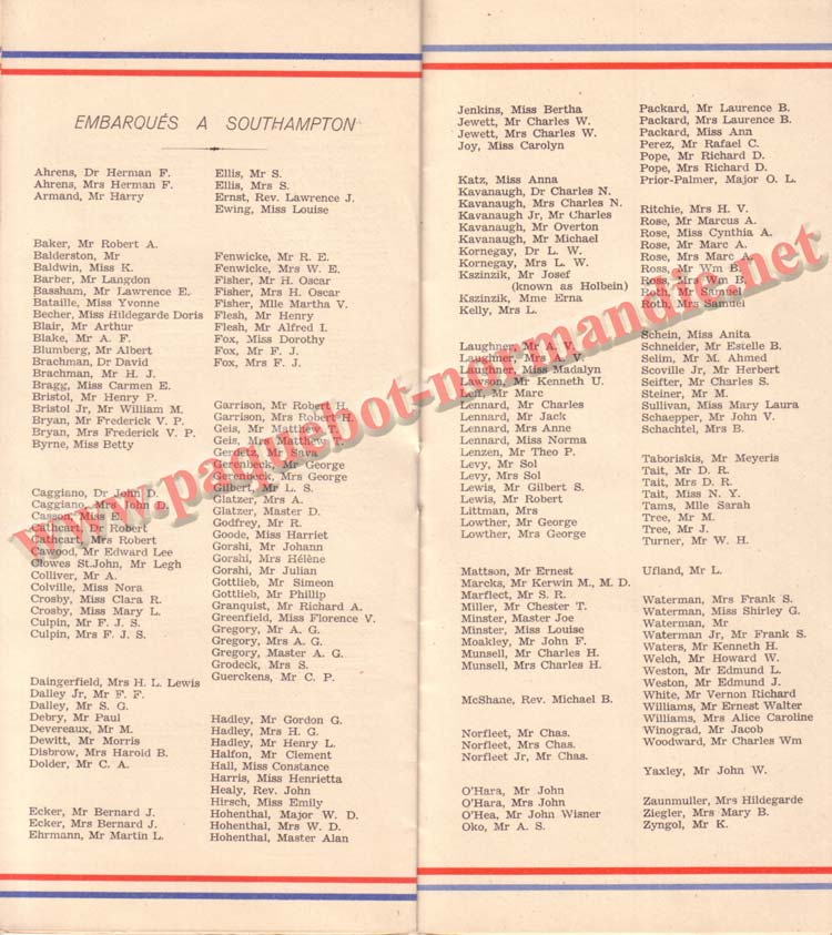 PAQUEBOT NORMANDIE - LISTE DES PASSAGERS DU 27 JUILLET 1938 - 2ème CLASSE / 2-6
