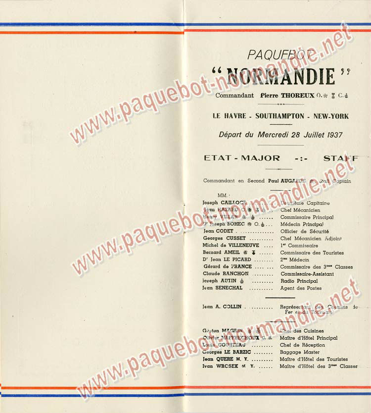 S.S NORMANDIE - LISTE PASSAGERS DU 28 Juillet 1937 - CLASSE TOURISTE / 2-3