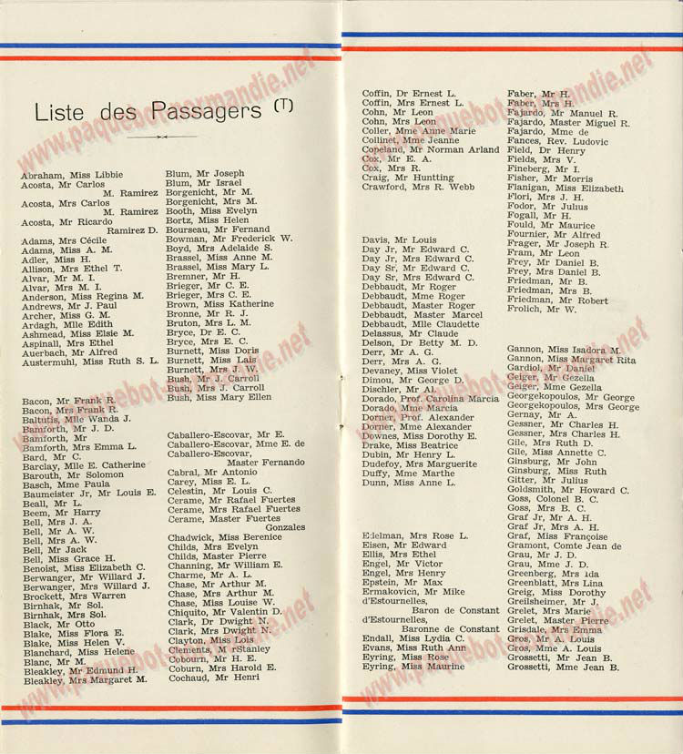 S.S NORMANDIE - LISTE PASSAGERS DU 28 Juillet 1937 - CLASSE TOURISTE / 2-4