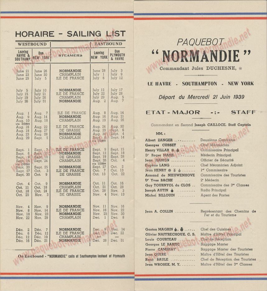 PAQUEBOT NORMANDIE- LISTE DES PASSAGERS DU 21 JUIN 1939 - 2