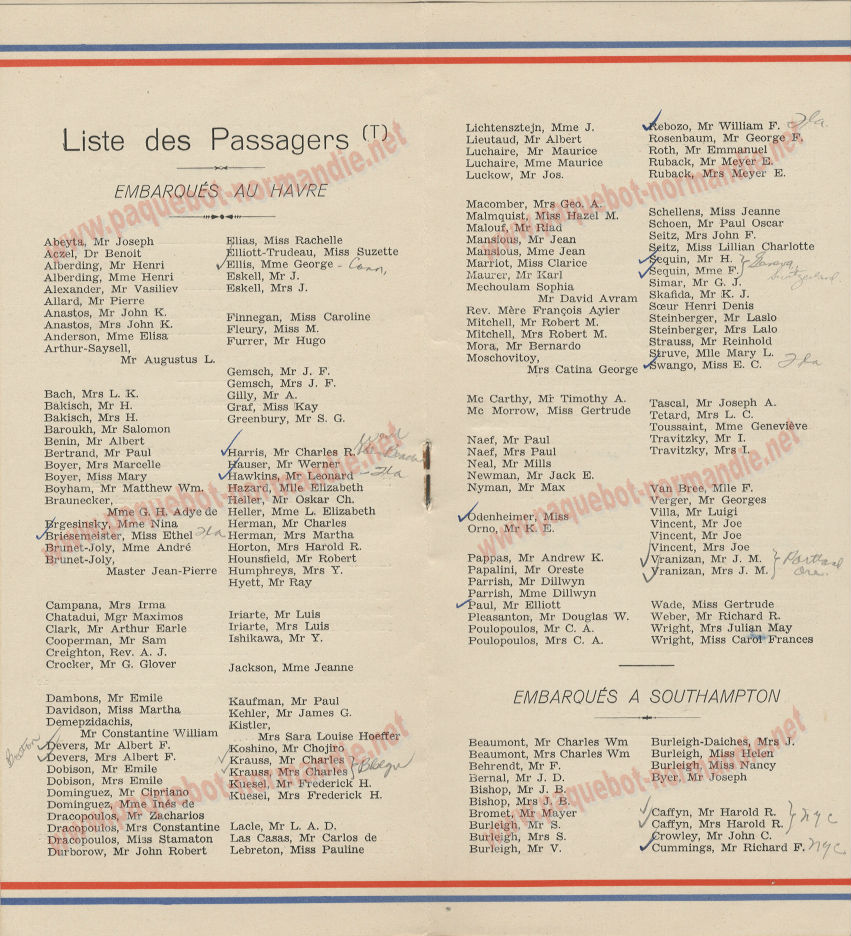 PAQUEBOT NORMANDIE- LISTE DES PASSAGERS DU 21 JUIN 1939 - 3