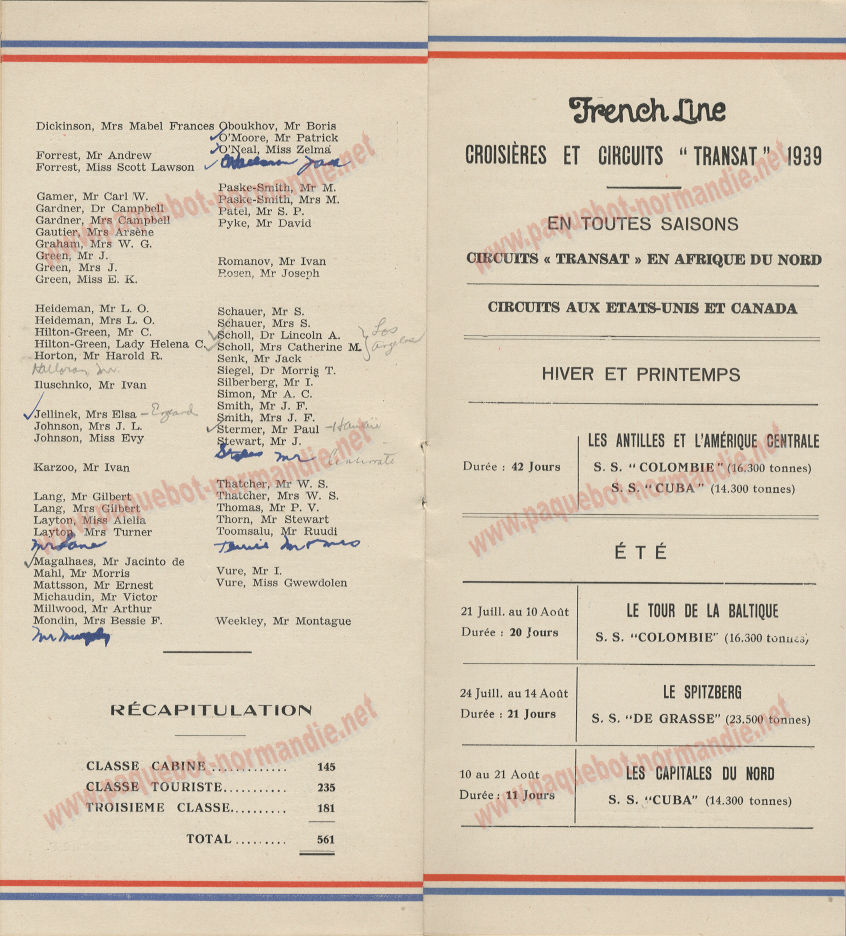 PAQUEBOT NORMANDIE- LISTE DES PASSAGERS DU 21 JUIN 1939 - 4