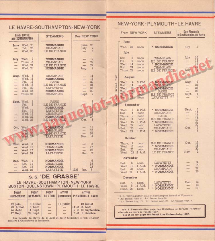 PAQUEBOT NORMANDIE - LISTE PASSAGERS DU 30 JUIN 1937 - 1ère CLASSE / 1-2