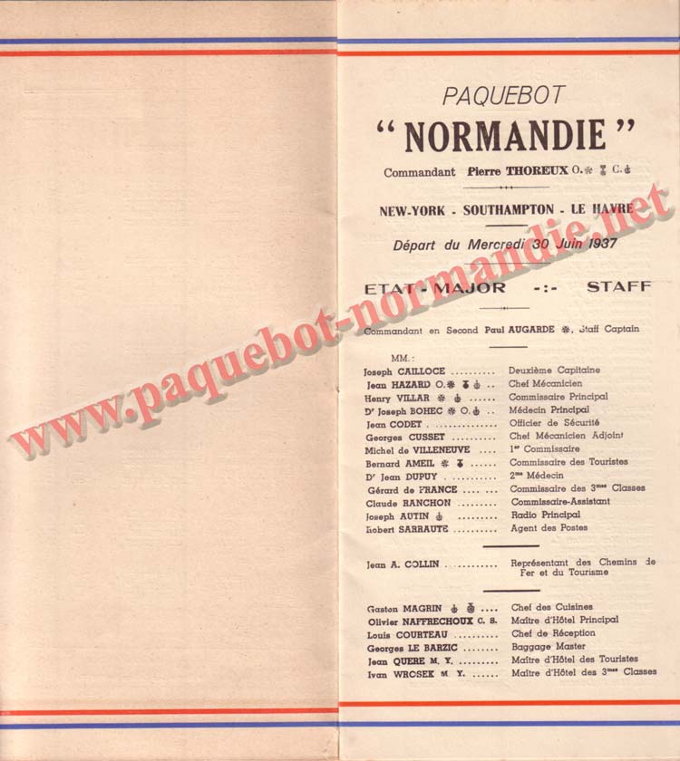 PAQUEBOT NORMANDIE - LISTE PASSAGERS DU 30 JUIN 1937 - 1ère CLASSE / 1-3