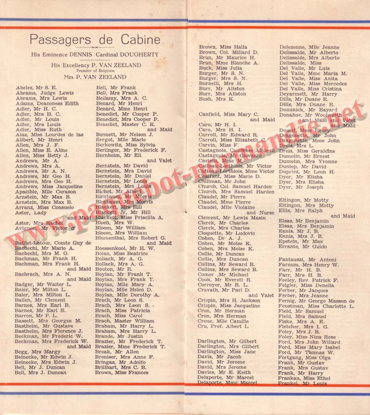 PAQUEBOT NORMANDIE - LISTE PASSAGERS DU 30 JUIN 1937 - 1ère CLASSE / 1-4