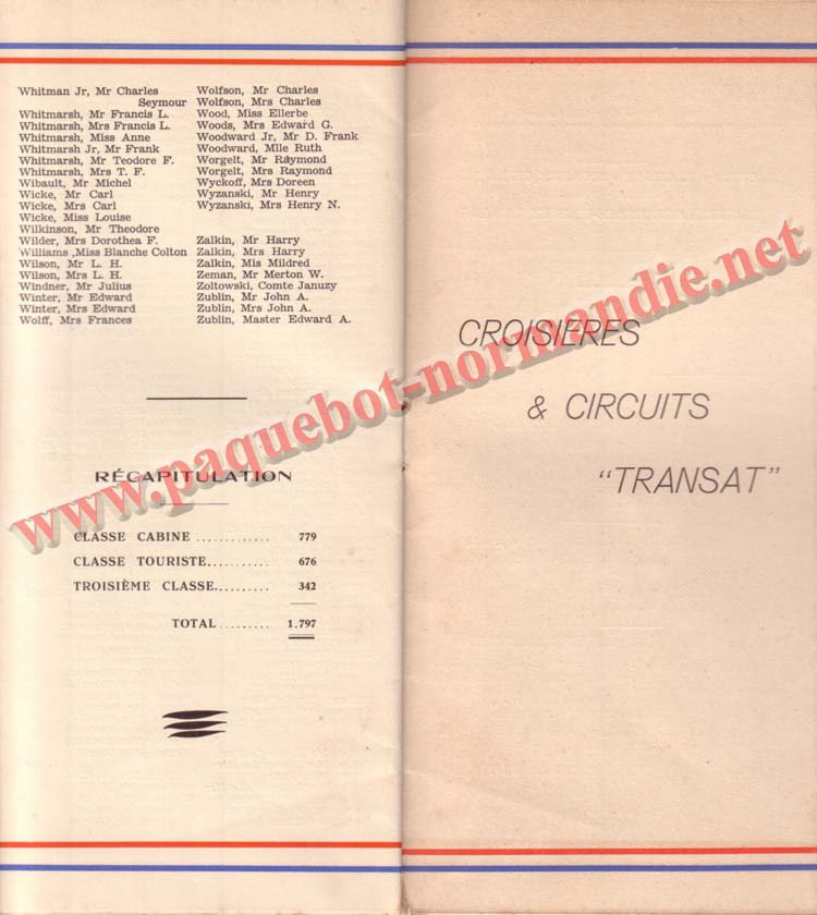 PAQUEBOT NORMANDIE - LISTE PASSAGERS DU 30 JUIN 1937 - 1ère CLASSE / 1-7