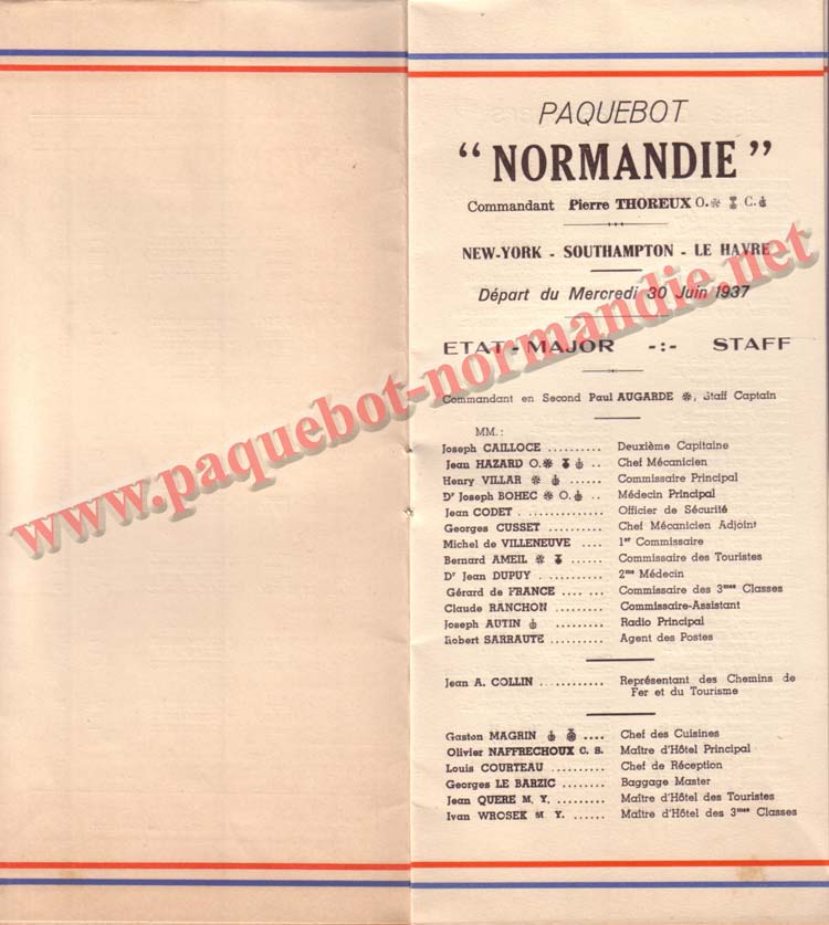 PAQUEBOT NORMANDIE - LISTE PASSAGERS DU 30 JUIN 1937 - 2ème CLASSE / 2-3