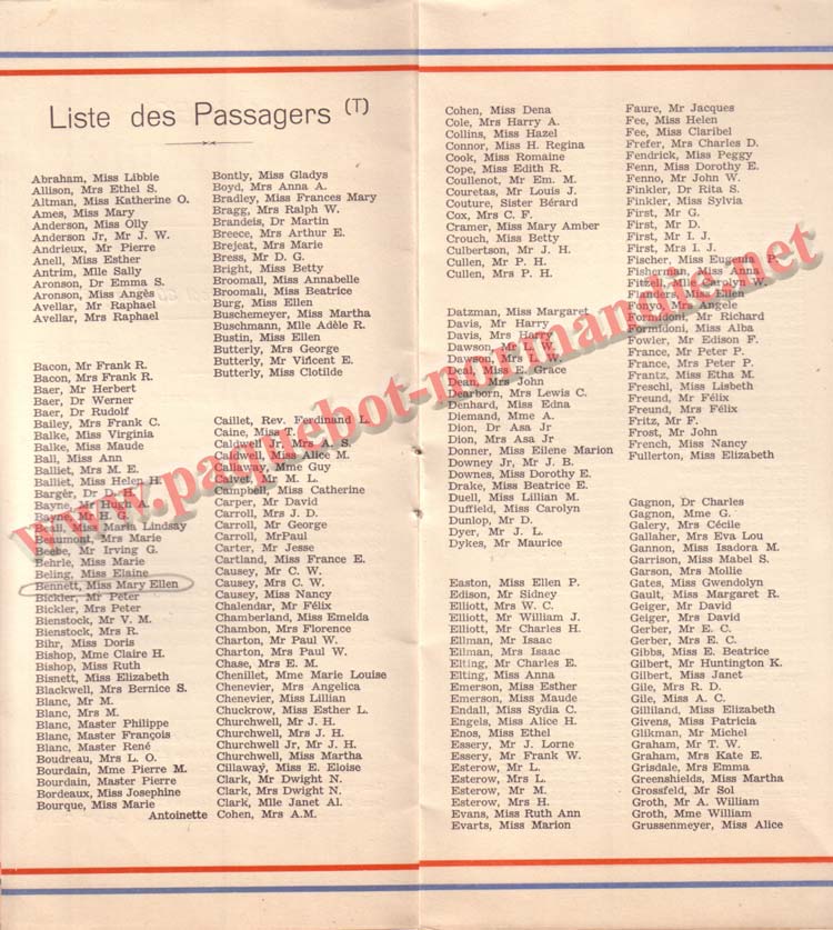 PAQUEBOT NORMANDIE - LISTE PASSAGERS DU 30 JUIN 1937 - 2ème CLASSE / 2-4
