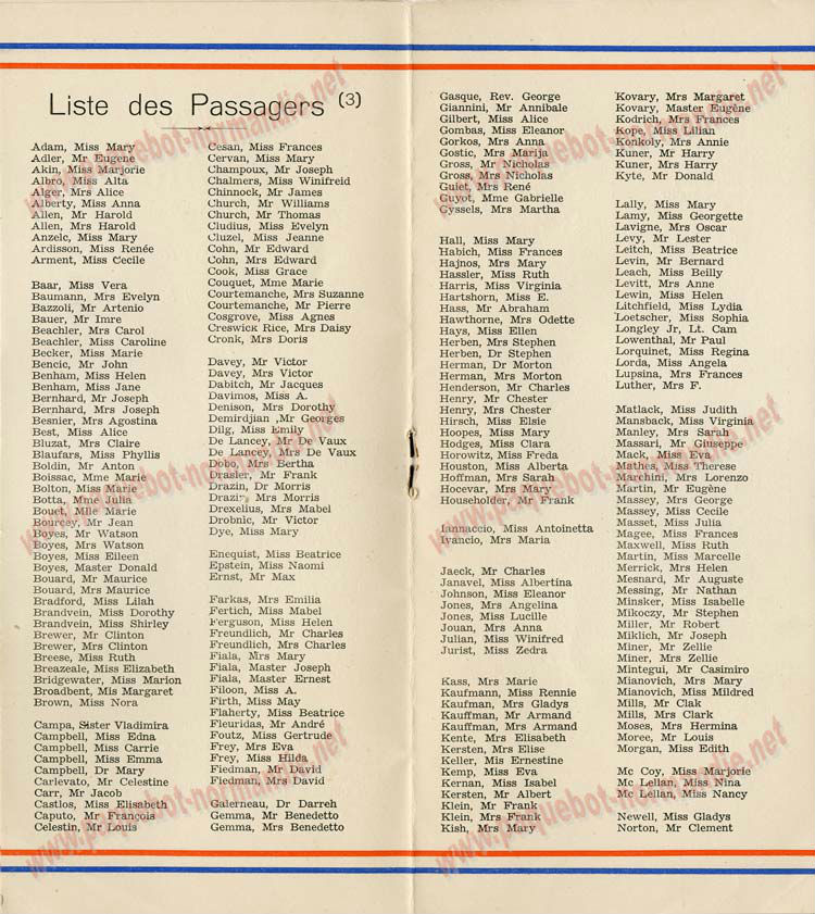 PAQUEBOT S.S NORMANDIE - PASSENGER LIST - LISTE DES PASSAGERS DU 30 JUIN 1937 - 3ème CLASSE / 3-4