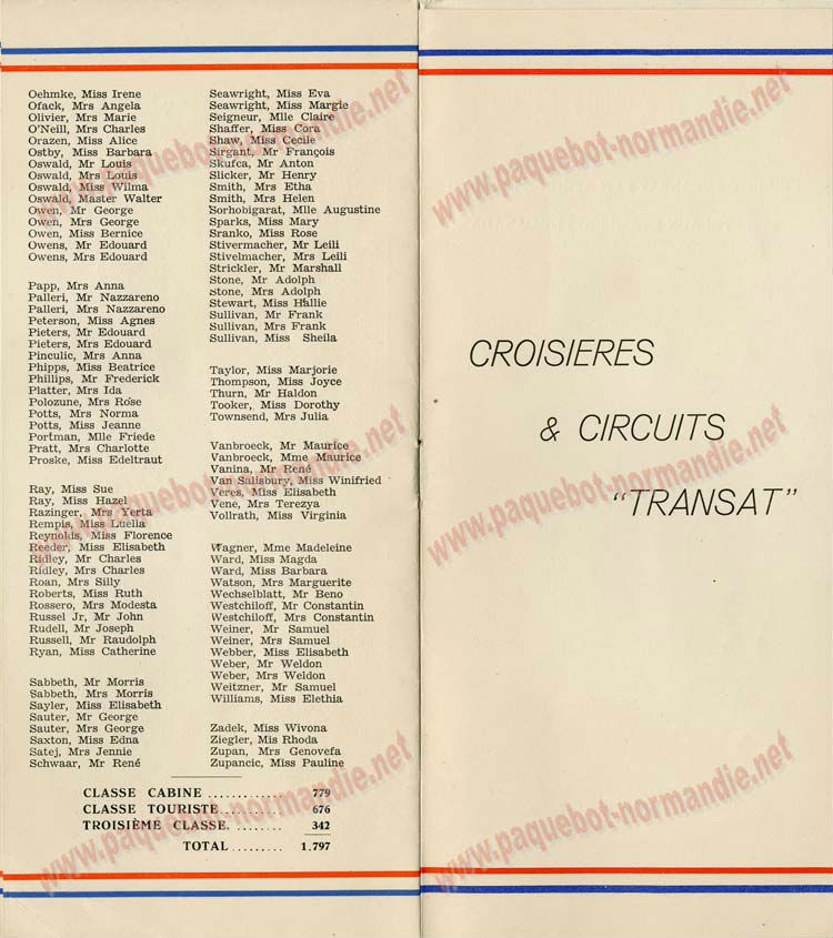 PAQUEBOT S.S NORMANDIE - PASSENGER LIST - LISTE DES PASSAGERS DU 30 JUIN 1937 - 3ème CLASSE / 3-5