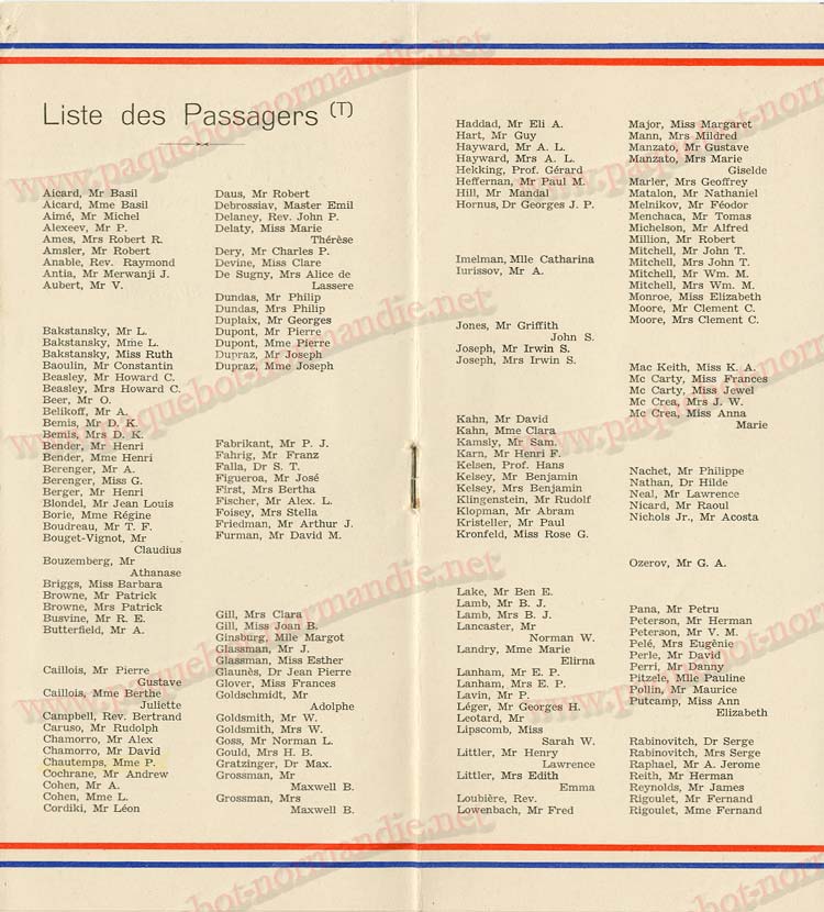 Paquebot s/s Normandie - LISTE PASSAGERS 30.09.36 / 2-3