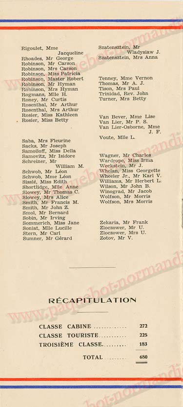 Paquebot s/s Normandie - LISTE PASSAGERS 30.09.36 / 2-4