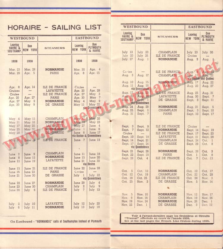 PAQUEBOT NORMANDIE - LISTE DES PASSAGERS DU 31 MARS 1938 - 1ère CLASSE / 1-2