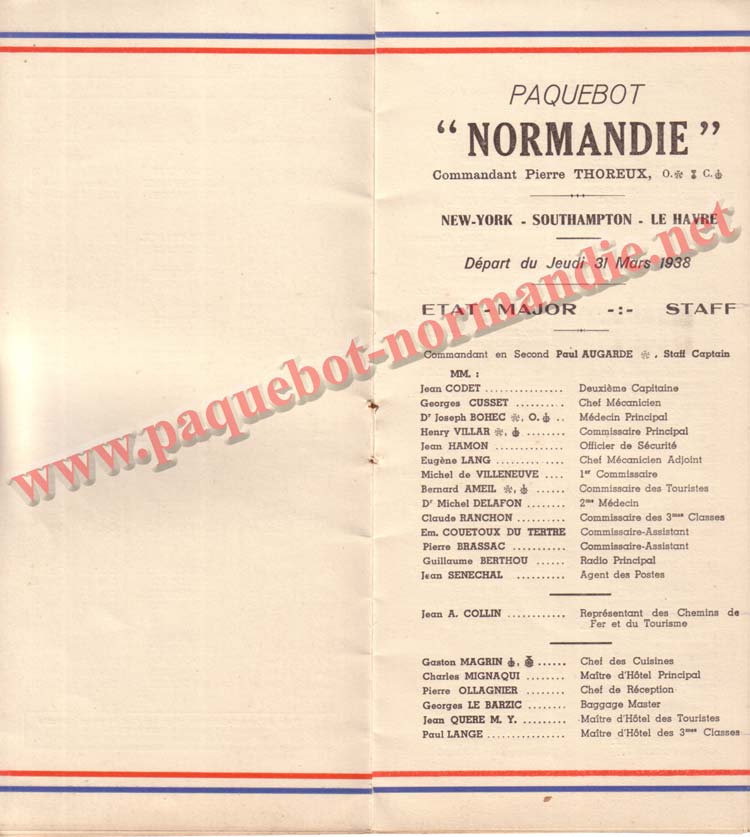 PAQUEBOT NORMANDIE - LISTE DES PASSAGERS DU 31 MARS 1938 - 1ère CLASSE / 1-3