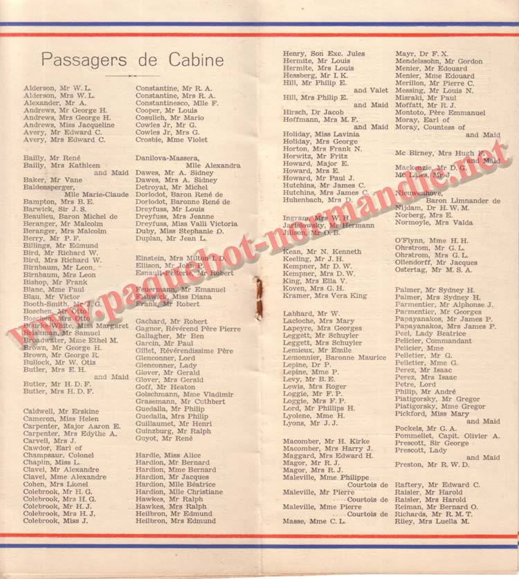 PAQUEBOT NORMANDIE - LISTE DES PASSAGERS DU 31 MARS 1938 - 1ère CLASSE / 1-4