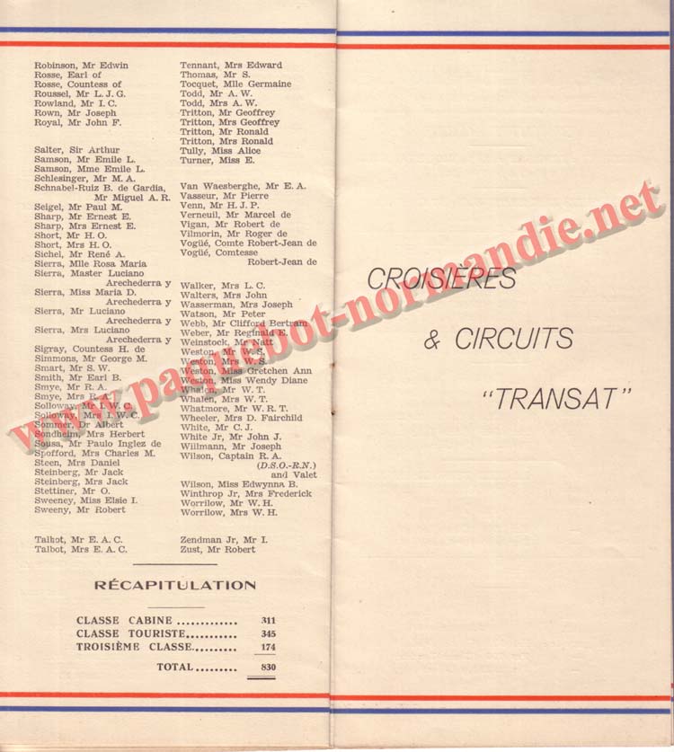 PAQUEBOT NORMANDIE - LISTE DES PASSAGERS DU 31 MARS 1938 - 1ère CLASSE / 1-5