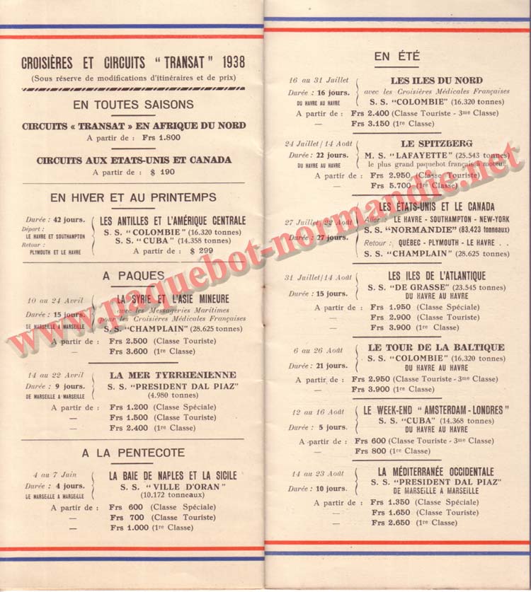 PAQUEBOT NORMANDIE - LISTE DES PASSAGERS DU 31 MARS 1938 - 1ère CLASSE / 1-6