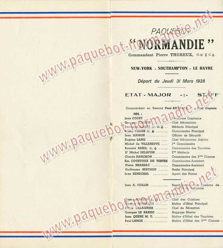 S.S NORMANDIE - LISTE PASSAGERS DU 31 MARS 1938 - 2ème CLASSE / 2-3