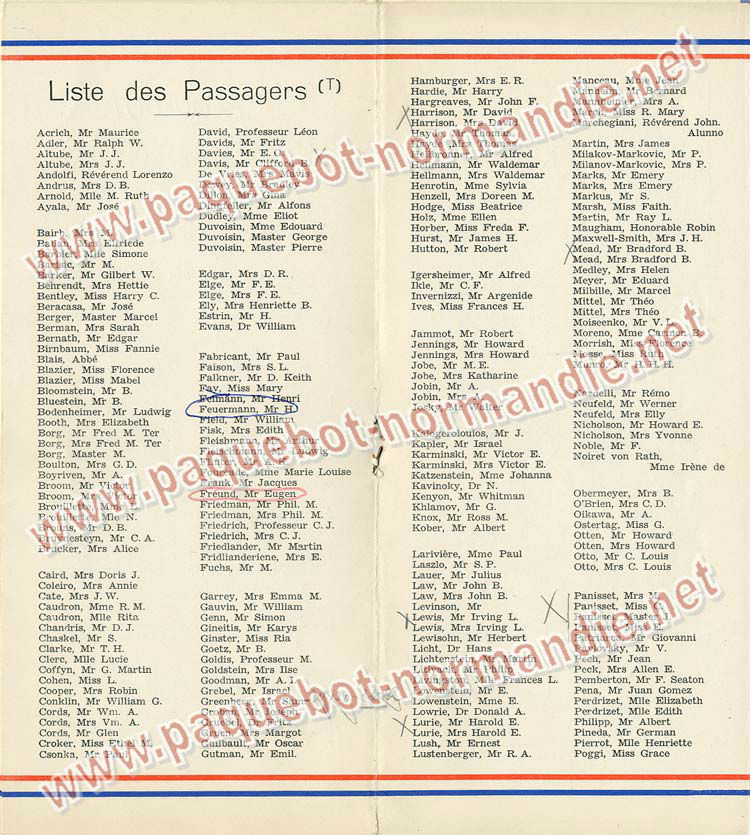 S.S NORMANDIE - LISTE PASSAGERS DU 31 MARS 1938 - 2ème CLASSE / 2-4