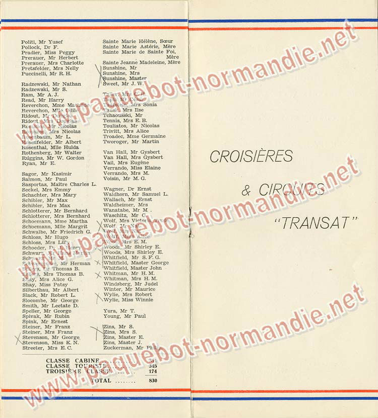 S.S NORMANDIE - LISTE PASSAGERS DU 31 MARS 1938 - 2ème CLASSE / 2-5