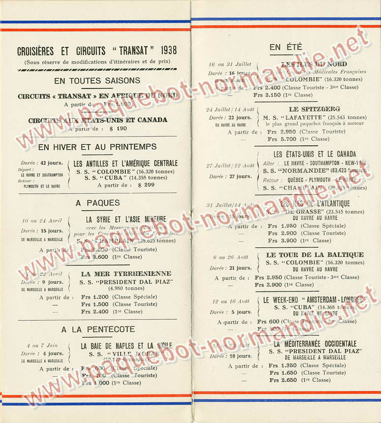 S.S NORMANDIE - LISTE PASSAGERS DU 31 MARS 1938 - 2ème CLASSE / 2-6