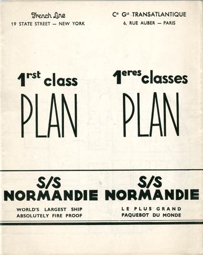 S.S NORMANDIE - PLAN DES 1ères CLASSES - NOIR ET BLANC EDITION 1935