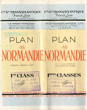 PAQUEBOT S.S NORMANDIE - PLAN 1ère CLASSE COULEURS JUILLET 1935 - COUV. FERMEE