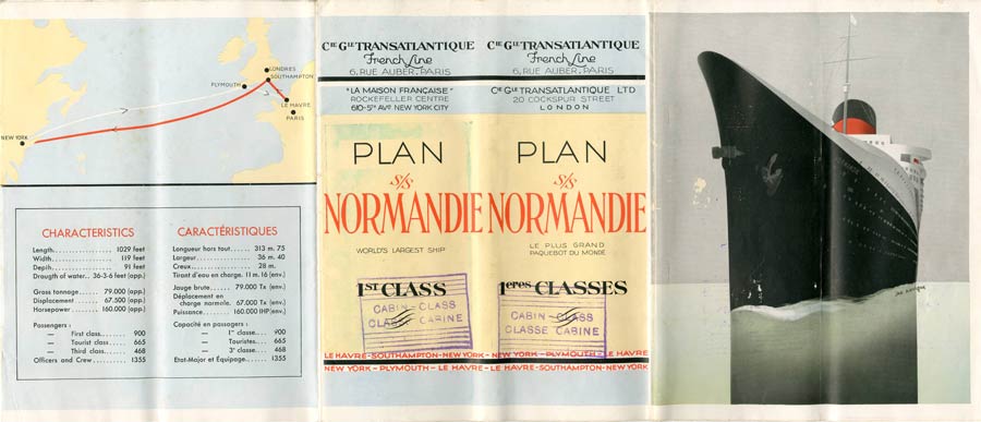 PAQUEBOT S.S NORMANDIE - PLAN 1ère CLASSE COULEURS JUILLET 1935 - COUV. OUVERTE