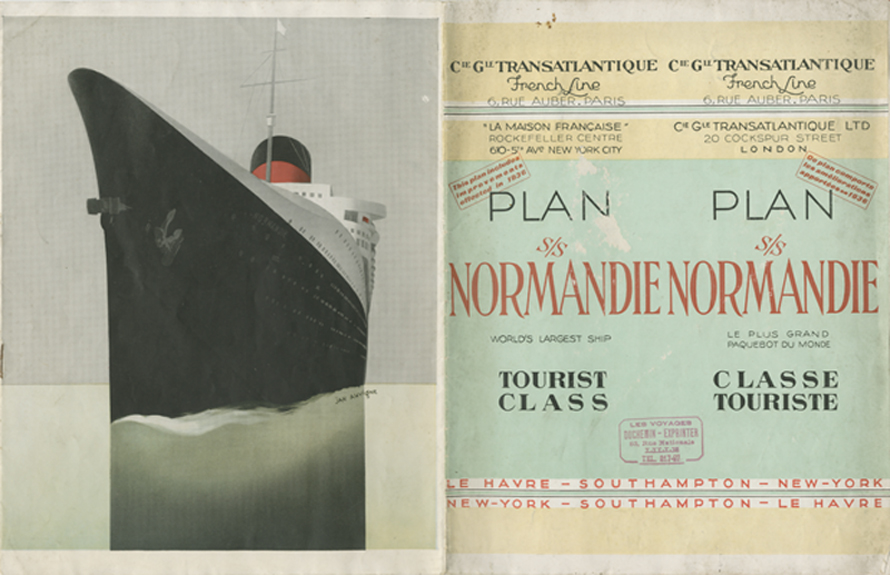 PAQUEBOT S.S NORMANDIE - PLAN 2ème CLASSE COULEURS 1936 - COUV. OUVERTE