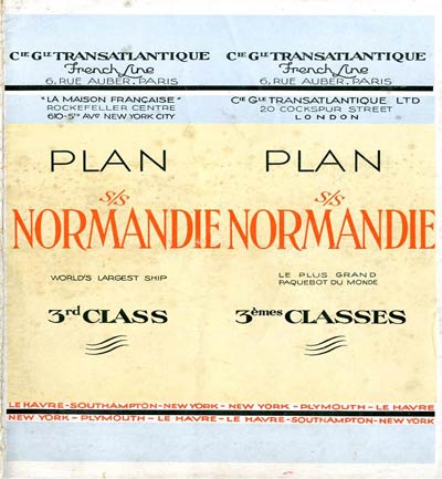 PAQUEBOT S.S NORMANDIE - PLAN 3ème CLASSE COULEURS SUPPOSE JUILLET 1935 - COUVERTURE FERMEE