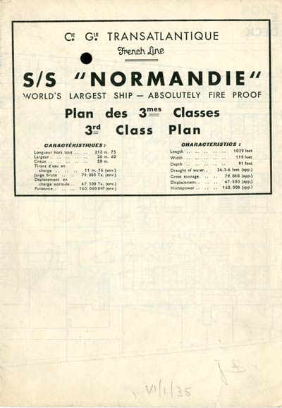  PAQUEBOT S.S NORMANDIE - PLAN DES 3èmes CLASSES - NOIR ET BLANC EDITION JANVIER 1935 - COUVERTURE FERMEE