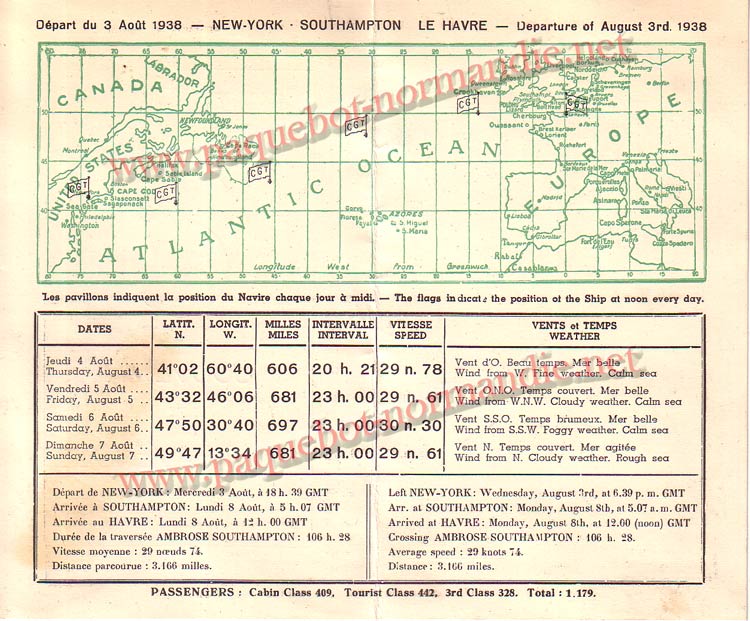 PAQUEBOT NORMANDIE - Carte-souvenir de la traversée du 3 AU 8 AOUT 1938 - 2