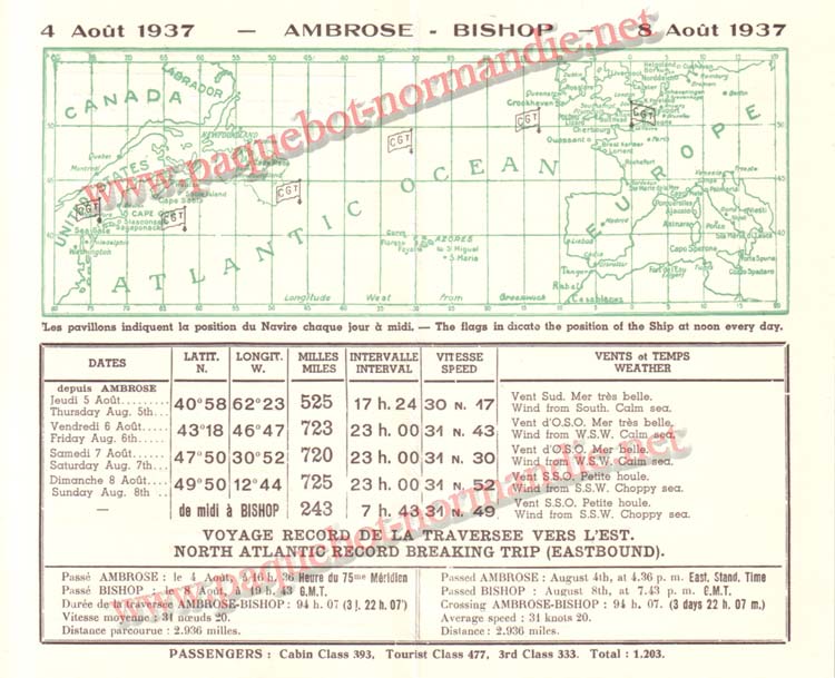 PAQUEBOT NORMANDIE - Carte-souvenir de la traversée du 4 au 8 Aout 1937 - 2