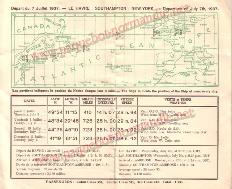 PAQUEBOT NORMANDIE - Carte-souvenir de la traversée du 7 au 12 Juin 1937 - 2