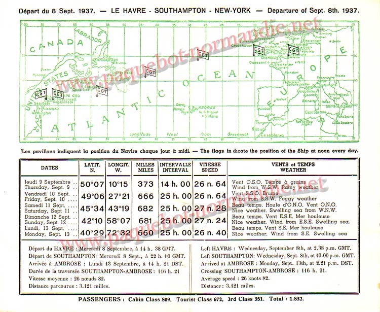 PAQUEBOT NORMANDIE - Carte-souvenir de la traversée du 8 au 13 SEPTEMBRE 1937 - 2