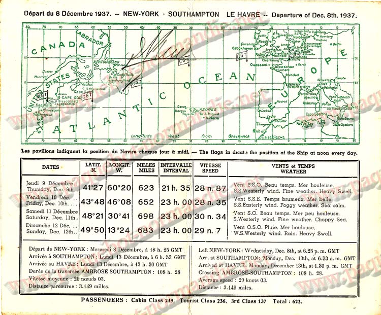  PAQUEBOT NORMANDIE - Carte-souvenir de la traversée du 8 au 12 Décembre 1937 - 2