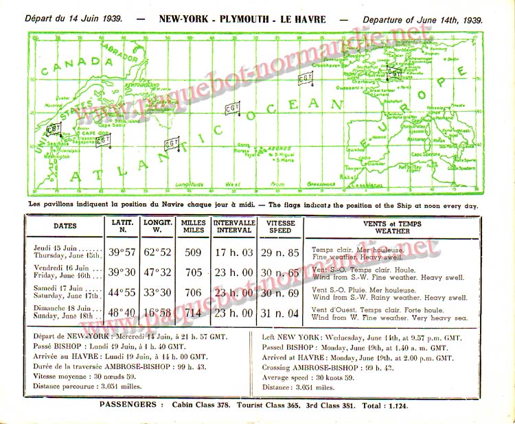 PAQUEBOT NORMANDIE - Carte-souvenir de la traversée du 14 au 19 JUIN 1939 - 2