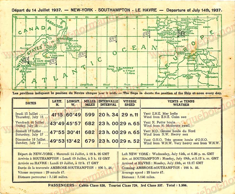  PAQUEBOT NORMANDIE - Carte-souvenir de la traversée du 14 au 18 Juillet 1937 - 2