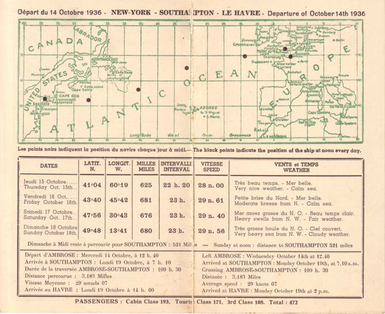 PAQUEBOT NORMANDIE - Carte-souvenir de la traversée du 14 au 19 Octobre 1936 - 2