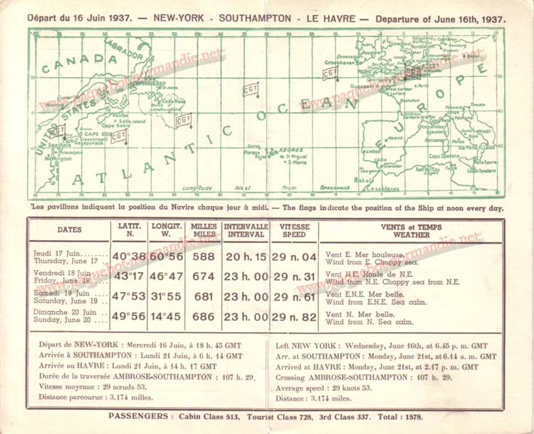 PAQUEBOT NORMANDIE - Carte-souvenir de la traversée du 16 au 20 Juin 1937 - 2