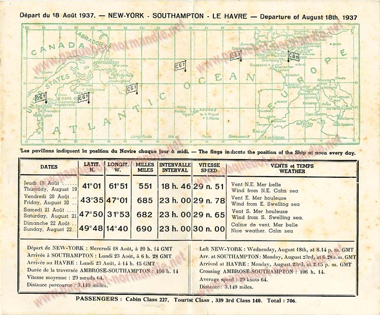 PAQUEBOT NORMANDIE - Carte-souvenir de la traversée du 18 au 23 Aout 1937 - 2